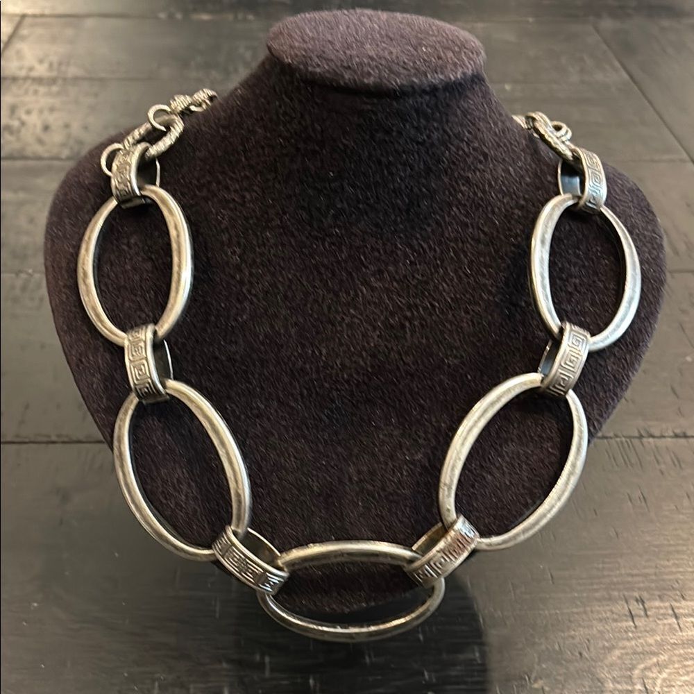 Greek Key Long Chunky Distressed Silver Chain Statement Necklace